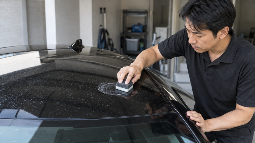 ガラスコーティング車のシミ・雨染みを除去する方法 - トータルカービューティIIC ルーフにできたイオンデポジットをクリーナーで除去する様子