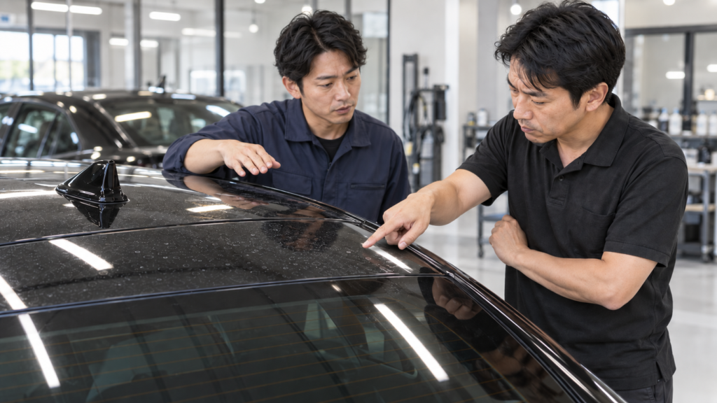 ガラスコーティングのシミ・雨染みが取れない場合の対処法 - トータルカービューティIIC シミが取れないので専門店に相談する様子