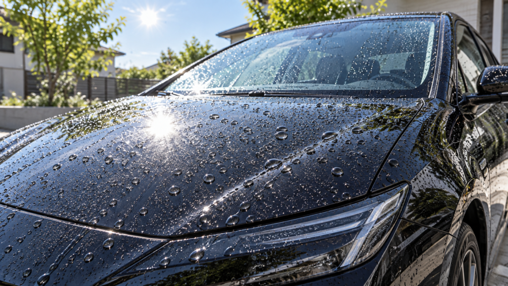 ガラスコーティングをしているのにシミ・雨染みができる原因 - トータルカービューティIIC 水玉が太陽光により乾きシミになるイメージ