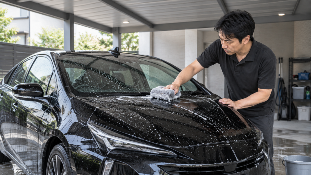 ガラスコーティング車のシミ・雨染みを予防する方法 - トータルカービューティIIC 洗車している様子