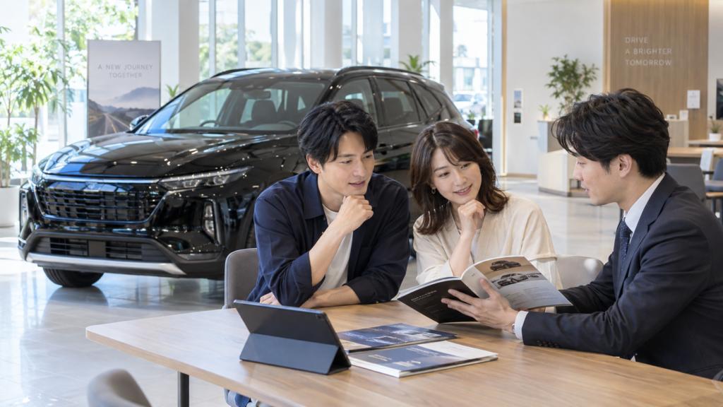 そもそもコーティングは新車にも必要? - トータルカービューティIIC ディーラーの営業からコーティングの説明を受けている様子