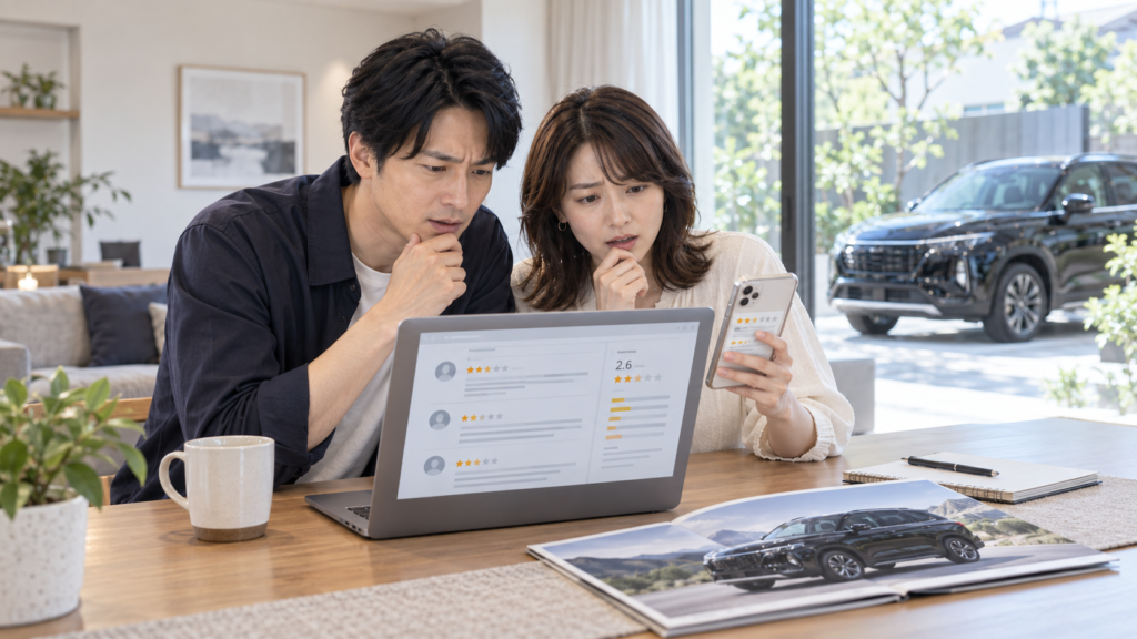 ディーラーコーティングは「いらない」「やめとけ」と言われる理由 - トータルカービューティIIC ディーラーコーティングの情報を見て驚いている様子
