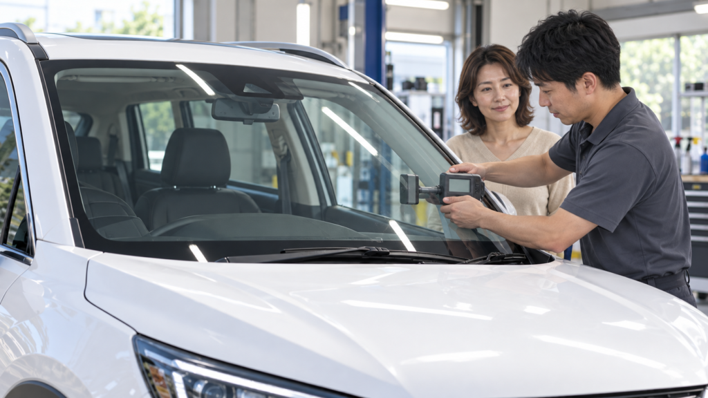 フロントガラスへ施工する前に知っておきたい車検のルール - トータルカービューティIIC 透過率を図っている様子