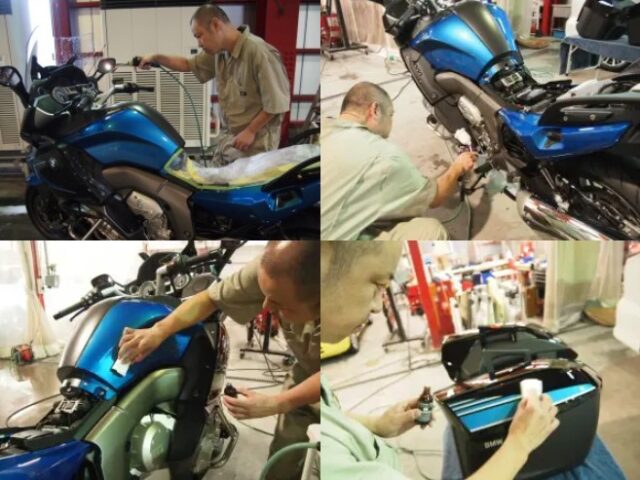 ＢＭＷ Ｋ1600ＧＴにバイクコーティング 細部までのＣＲ１コーティング 洗車後のブロアー作業 マフラー周辺部へのＣＲ１コーティング