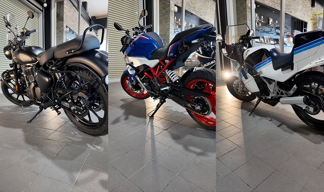 バイクコーティングで同時期に3台入庫 ! ロイヤルエンフィールドクラシック350、BMW G310R、スズキ RG250Γ