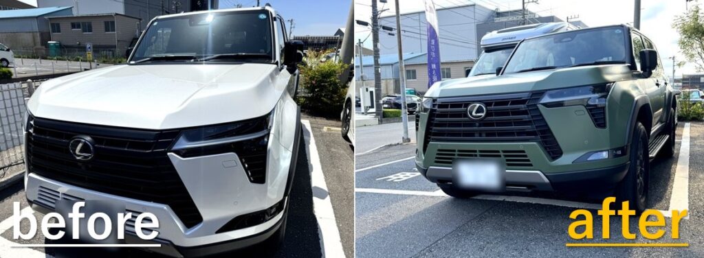 Front view of a white Lexus SUV on the left (before) and a matte green wrapped Lexus on the right (after) showing a color and styling change side by side.