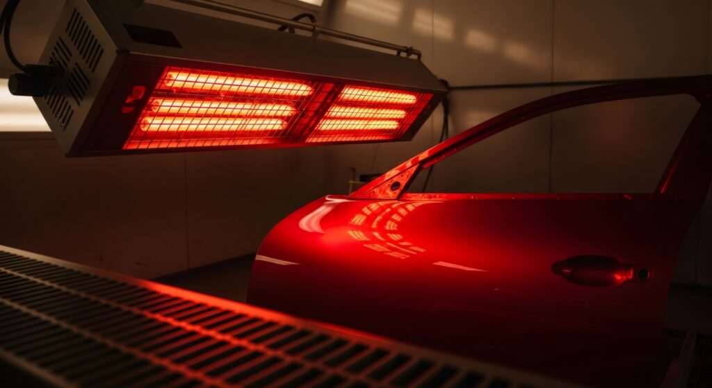 Red car door being heated under a red infrared curing lamp in a paint booth; reflections glow on the surface.