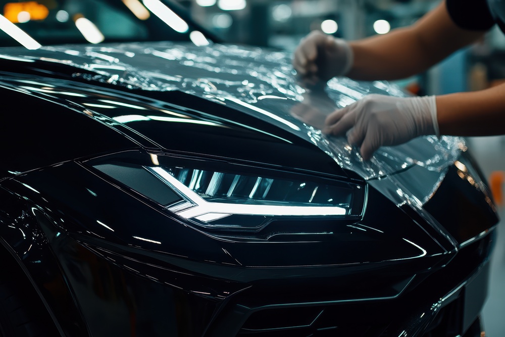 Close-up of a black car undergoing paint protection film application, gloved worker smoothing clear wrap over the hood.