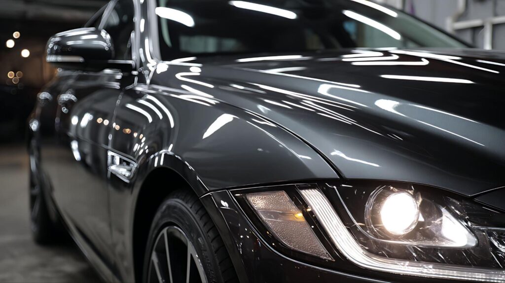 Close-up of a dark gray car's front left quarter, with a lit headlight and reflective hood edge.