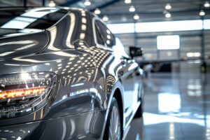 Close-up of a glossy gray car in a showroom, reflections of ceiling lights on the body.