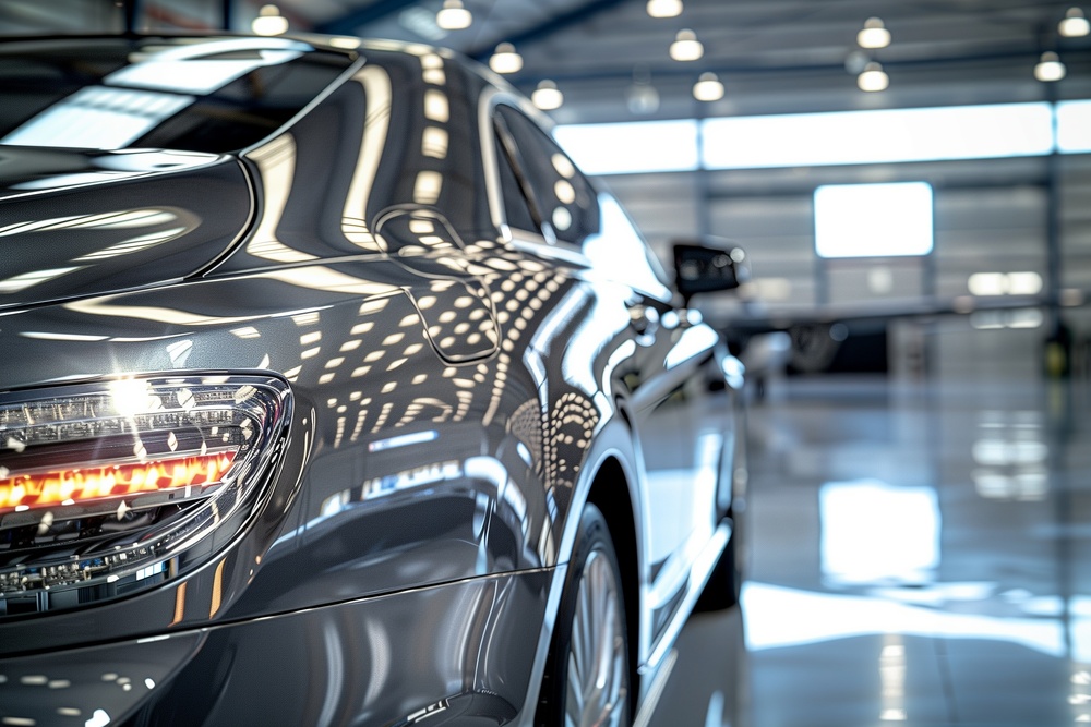 Close-up of a glossy gray car in a showroom, reflections of ceiling lights on the body.