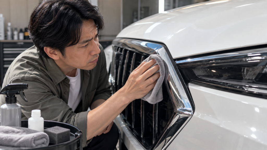 車のメッキモール腐食をきれいにする方法 - トータルカービューティIIC 車のメッキモールを磨く様子