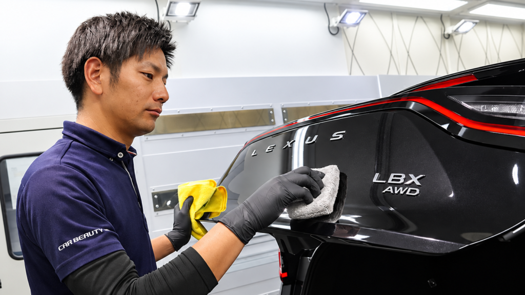 LBXのリアドアにコーティングを塗布する様子