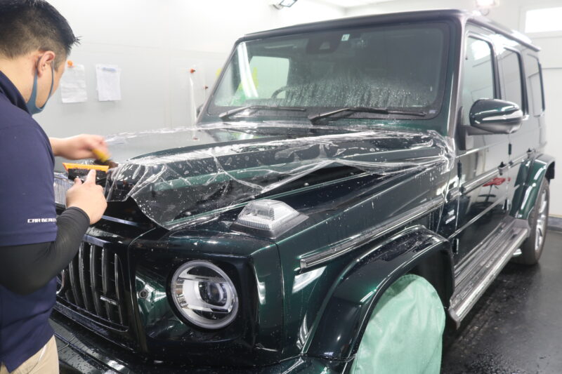 ベンツAMGG63 遠赤外線 乾燥 - トータルカービューティIIC メルセデスベンツ G63にプロテクションフィルムZELを施工致しました。 ZEL 自己修復 疎水性 エメラルドグリーン 大雨 東京都 千葉県