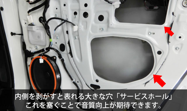 内側を剥がすと表れる大きな穴「サービスホール」これを塞ぐことで音質向上が期待できます。