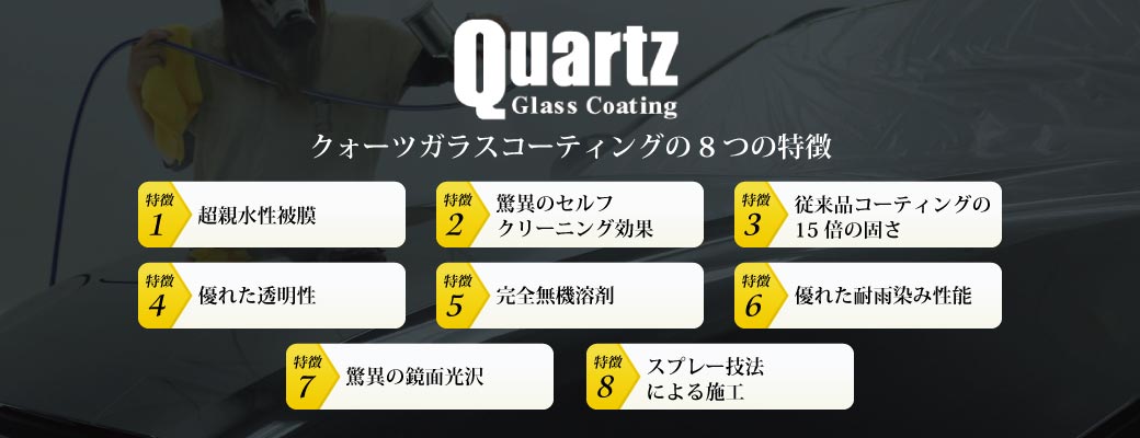 クォーツガラスコーティングの8つの特徴 超親水性被膜 驚異のセルフクリーニング効果 従来品コーティングの15倍の固さ 優れた透明性 完全無機溶剤 優れた耐雨染み性能 驚異の鏡面光沢 スプレー技法による施工